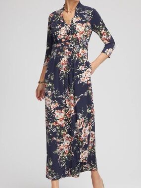Chico's Navy Maxi Dress with Pink & Green Floral Print
